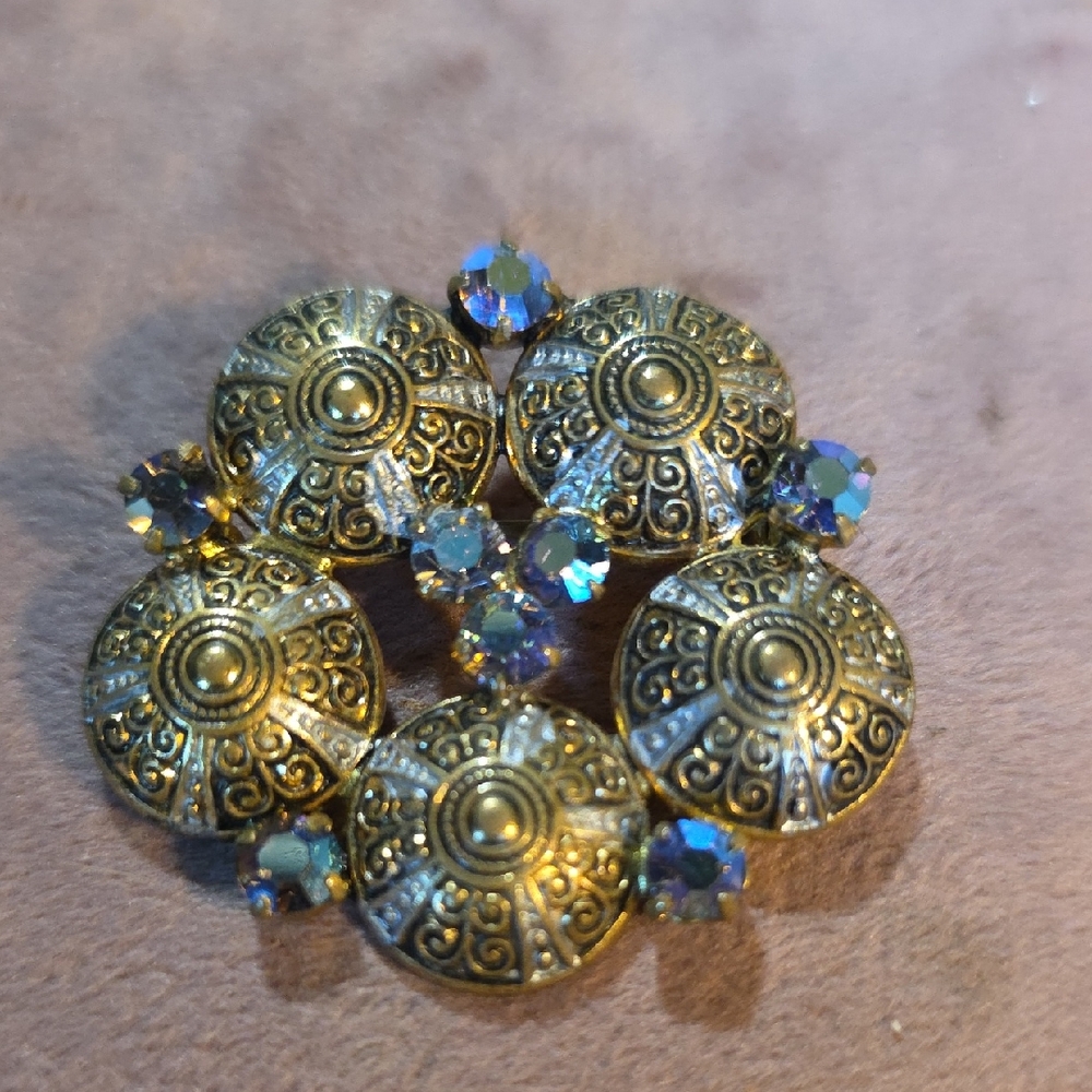 Vintage Western Germany Medallion Brooch With Blue A.B.'s
